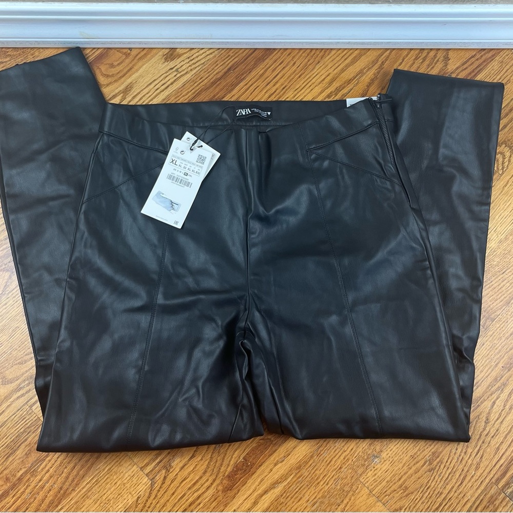 ZARA WOMAN Size XL Black Faux Leather Mid-Rise Pants Slim Fit Moto NWT